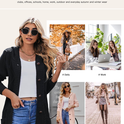 Hooded Cardigan Sweaters for Women Long Sleeve Button down Knit Sweater Coat Outwear with Pockets