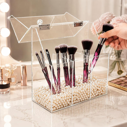 Makeup Brush Holder with Dustproof Lid, White Pearls, Acrylic Clear Makeup Brush Organizer with 3 Compartment, Large Cosmetic Brush Storage Box Case for Vanity, Bathroom, Bedroom