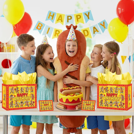 Funny Hot Dog Birthday Gift Bag Cartoon Hot Dog Themed Birthday Wrapping Paper Bag with Greeting Card for Kids Adults Sausage Food Picnic BBQ Hotdog Bday Baby Shower Party Decorations