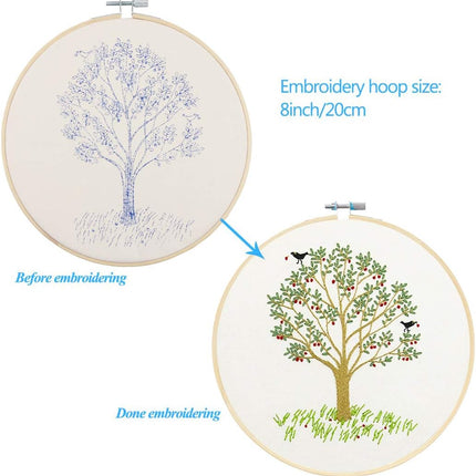 Full Range of Embroidery Starter Kit with Pattern, Cross Stitch Kit Including Embroidery Fabricwith Plants Pattern, Bamboo Embroidery Hoop, Color Threads and Tools Kit (Cherry Tree)