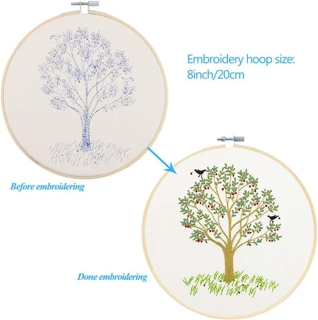 Full Range of Embroidery Starter Kit with Pattern, Cross Stitch Kit Including Embroidery Fabricwith Plants Pattern, Bamboo Embroidery Hoop, Color Threads and Tools Kit (Cherry Tree)