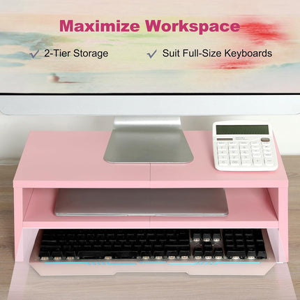 DS502P  20 Inch Pink Monitor Riser Stand - 2 Tiers, Wood Desktop Bookshelf