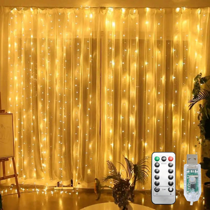 300 LED Curtain String Lights, Fairy String Lights with 8 Light Modes & Remote Controlled, 9.8X9.8Ft Indoor Outdoor String Lights for Christmas, Weddings, Party, Bedroom, Wall, Window (Warm White)