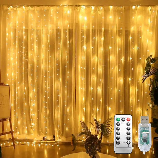 300 LED Curtain String Lights, Fairy String Lights with 8 Light Modes & Remote Controlled, 9.8X9.8Ft Indoor Outdoor String Lights for Christmas, Weddings, Party, Bedroom, Wall, Window (Warm White)