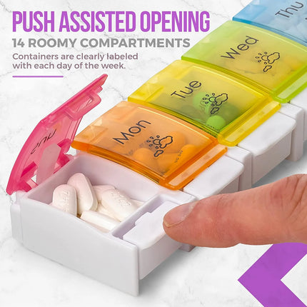 7 Day AM PM Pill Organizer Push Button Open a Daily Case - Plastic