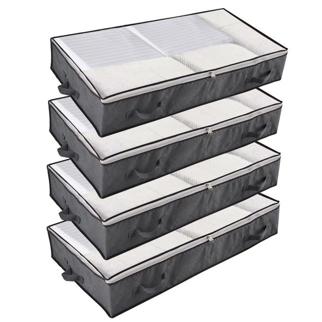 under Bed Storage Bags with Zips, 90L Underbed Storage Containers, Foldable Clothes Storage Organizers for Duvets, Comforters, Bedding, Blankets, Quilts, 4 Pack Gray