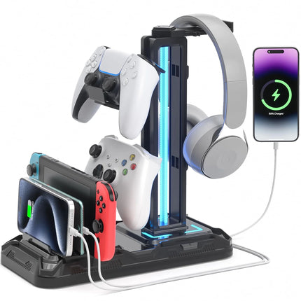 Charging Station, Headphone Stand RGB, Controller Holder with USB A&C PC Gaming Accessories Storage