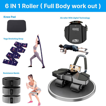 Ab Roller Home Gym Equipment – 4 Wheels Ab Wheel Muscle Roller with Automatic Rebound, Yoga Stretching Strap, 3 Resistance Bands – Comfortable Elbow Support with Non-Slip Handles – Built-In Workout Tracker