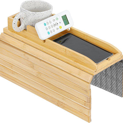 1Pc Bamboo Couch Cup Holder Tray, 4.7X12.6Inch Couch Armrest Table 3 in 1 Anti-Slip Sofa Armchair Caddy Table Couchs Arm Tray with Detachable Cup Holder Foldable Sofas Trays for Drinks Cellphone