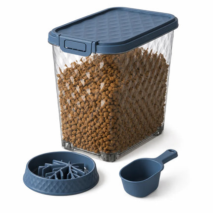 Pet Food Storage Container with Sealed Lid, Large Transparent Resin Bin for Dry Food, Treats, and Supplies, Includes Measuring Cup and Slow-Feed Bowl