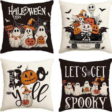 Halloween Ghost Boo Y'All Car Pumpkin Throw Pillow Covers, 18 X 18 Inch Let'S Get Spooky Cushion Case Decoration for Sofa Couch Set of 4