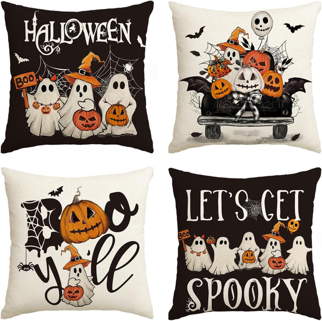Halloween Ghost Boo Y'All Car Pumpkin Throw Pillow Covers, 18 X 18 Inch Let'S Get Spooky Cushion Case Decoration for Sofa Couch Set of 4