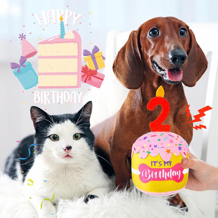 Dog Birthday Cake Toy Squeaky Plush Gift,2Nd,Pink and Yellow