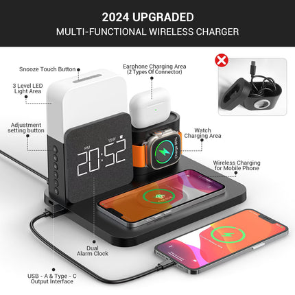Wireless Charging Station 7 in 1 Compatible for Iphone 17/16/15/14/13/12 Pro Max, Apple Watch & Airpods with Alarm Clock, Night Light Black