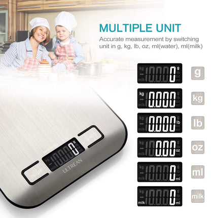 Food Scale, Digital Kitchen Scale Grams and Ounces for Baking, Cooking and Meal Prep, 6 Units with Tare Function, LCD Display, 304 Stainless Steel, 11Lb