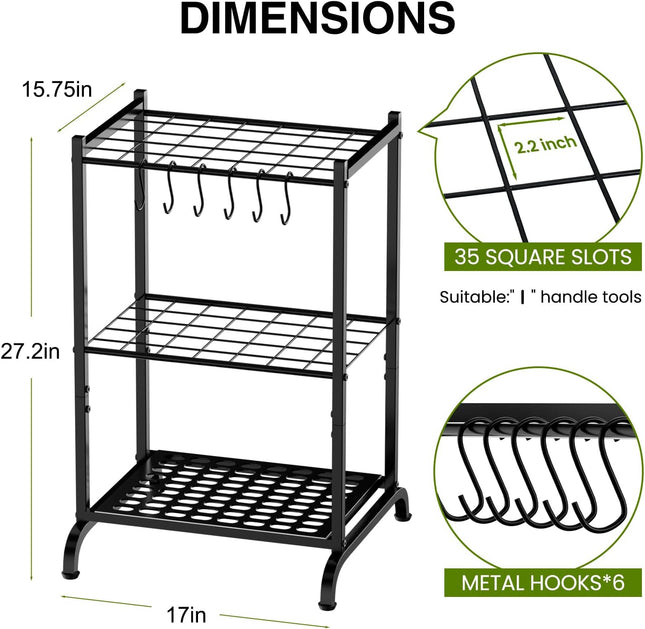 Garden Tool Organizer with Storage Hooks, Yard Tool Tower Rack for Garage Organization and Storage, up to 35 Long-Handled Tools, Metal Tool Holder with 6 Hooks, Black