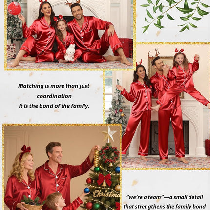 Family Matching Pajamas Set Silk Satin Button down Sleepwear Long Sleeve Nightwear 2 Pcs Pj Set S-XXL