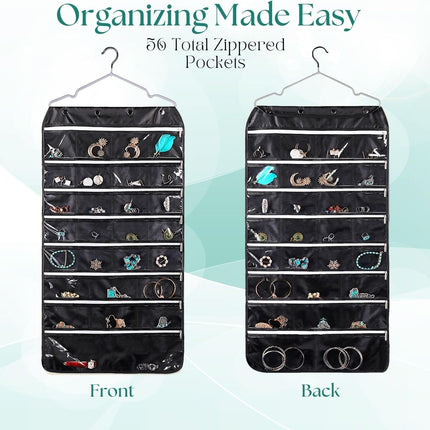 Hanging Jewelry Organizer with Zippered Pockets - (1 Pack) Black Closet Jewelry Organizer Storage with Hanger, 56 Pockets Dual Sided Earring Organizer Hanging for Bracelets, Watches, Ring