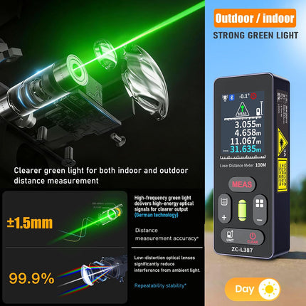 ZC-L387 Laser Distance Measuring Tool,328Ft Dual Green Laser Measure