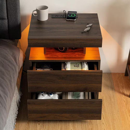 Modern Walnut 2-Drawer 19.7 In. W Nightstand with Smart LED Light and Wireless Charging Station