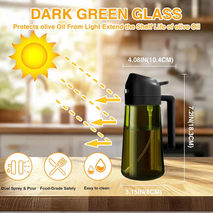 Oil Sprayer for Cooking, 2 in 1 Olive Oil Dispenser Bottle for Kitchen, 16Oz/470Ml Premium Glass Bottle for Air Fryer, Salad, Frying, Bbq,Black