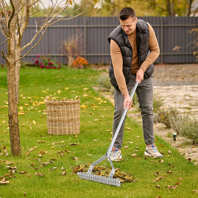 20 Inches Wide Aluminum Lawn Loosening Soil Rake with Long Handle and 19 Curved Tines