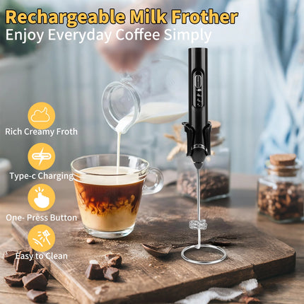 Rechargeable Milk Frother Handheld,3 Speeds Frother Wand with Stand, Coffee Frother for Coffee with 3 Stainless Whisks,Hand Mixer Electric Handheld for Lattes,Cappuccino,Matcha,Egg,Black