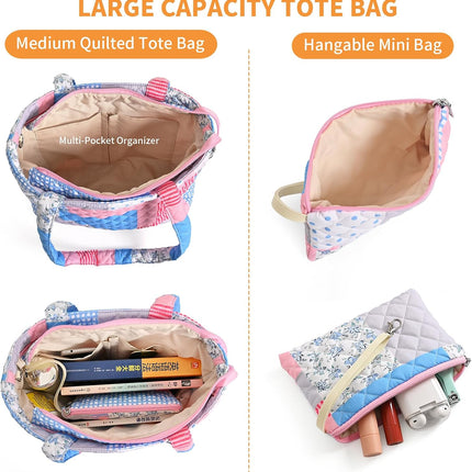 Quilted Lunch Bag Set and Floral Quilted Tote Bag(Pinkpatch)