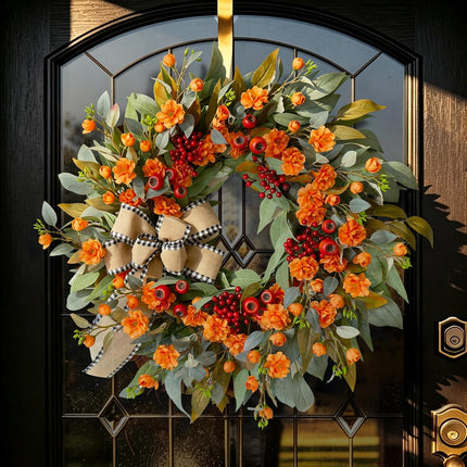 24 Inch Harvest Fall Wreaths for Front Door outside with Bow & Red Berries