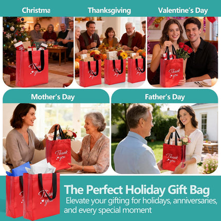 60 Pcs Reusable Gift Bags with Handles Set (10 X 8 X 4 Inch), Include 30 Thank You Bag & Tissue Paper, Medium Red Gift Bag Bulk for Birthday, Baby Shower, Bridal Shower, Wedding, Party & Events