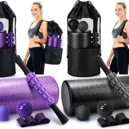 12 Pcs Foam Roller Set - 6 in 1 Deep Muscle Recovery Kit Includes Back Roller, Massage Ball, Muscle Stick, Fasciitis Ball, Stretch Strap & Bag for Body Physical Exercise Therapy, 2 Set