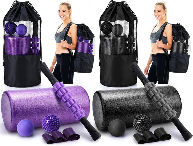 12 Pcs Foam Roller Set - 6 in 1 Deep Muscle Recovery Kit Includes Back Roller, Massage Ball, Muscle Stick, Fasciitis Ball, Stretch Strap & Bag for Body Physical Exercise Therapy, 2 Set
