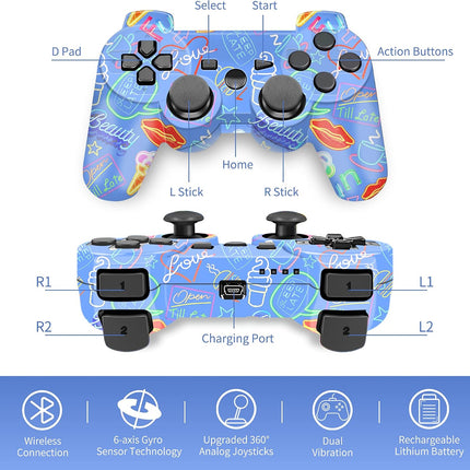 Controller, Wireless Controller, Game Controller Compatible for Play3 Remote with Charger and Thumb Gripss