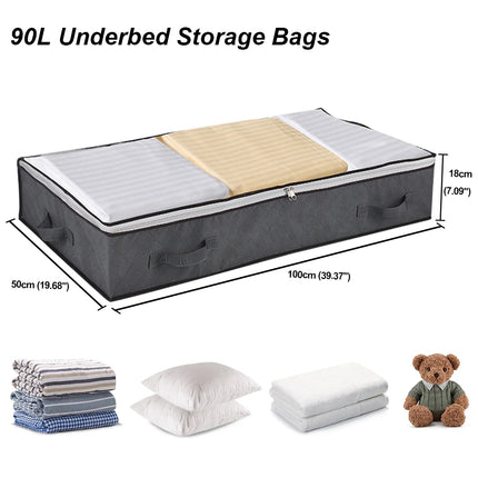 under Bed Storage Bags with Zips, 90L Underbed Storage Containers, Foldable Clothes Storage Organizers for Duvets, Comforters, Bedding, Blankets, Quilts, 4 Pack Gray