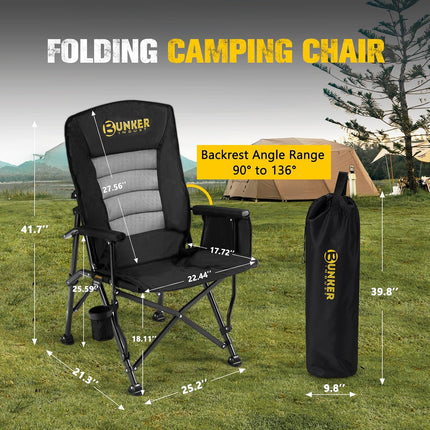 Folding Camping Chair, Oversized with Padded Cushion, Outdoor Chair with Cup Holder Storage Pockets, Adjustable High Backrest Supports 450 LBS for Beach, Fishing, Overland Trips