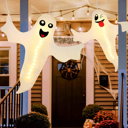 2PCS  Halloween Ghost Lighted Hanging Decoration Outdoor Decor - Hallowmas Tree Hugger Friendly Spooky Party Supplies (Batteries Not Included)
