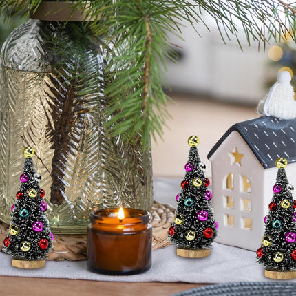 6 Pcs Artificial Mini Christmas Trees 4.3 Inch Frosted Green Bottle Brush Trees with Wood Bases Sisal Trees with White Snow and Ornaments for Winter Christmas Holiday Dollhouse Miniature Décor