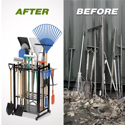 17-Inch Garden Tool Organizer with Storage Hooks, Yard Tool Rack for Garage Organization, Holds up to 50 Tools