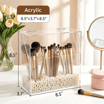 Makeup Brush Holder with Dustproof Lid, White Pearls, Acrylic Clear Makeup Brush Organizer with 3 Compartment, Large Cosmetic Brush Storage Box Case for Vanity, Bathroom, Bedroom