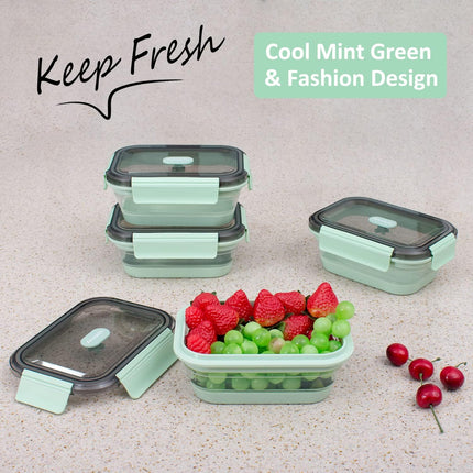 Collapsible Food Storage Containers with Lid & Air Vent, Clear Stacking Silicone Collapsible Food Container Set, Microwave Freezer Dishwasher Safe Space-Saver, Set of 4, Mint Green