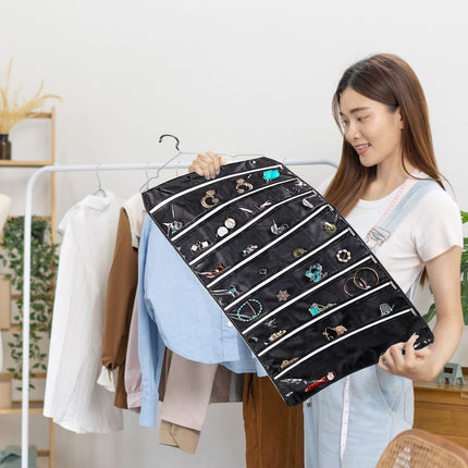 Hanging Jewelry Organizer with Zippered Pockets - (1 Pack) Black Closet Jewelry Organizer Storage with Hanger, 56 Pockets Dual Sided Earring Organizer Hanging for Bracelets, Watches, Ring