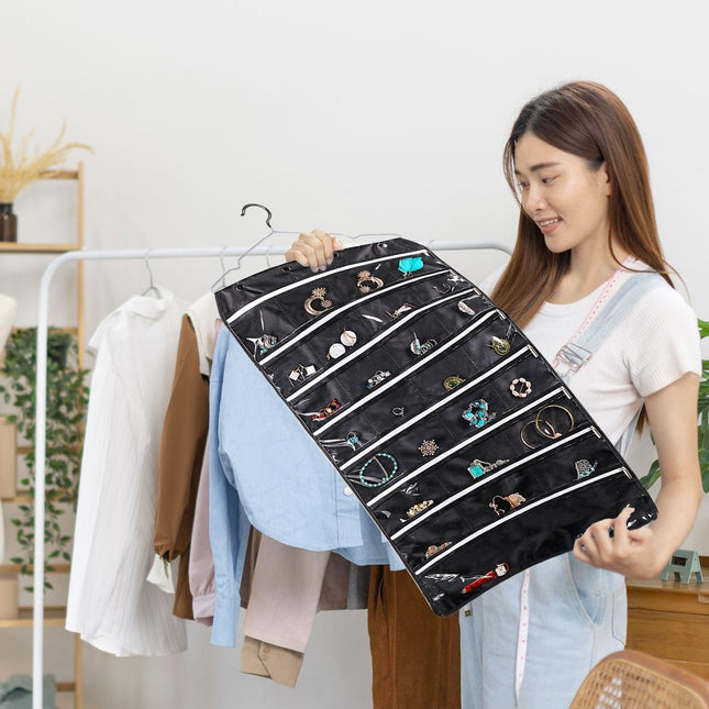 Hanging Jewelry Organizer with Zippered Pockets - (1 Pack) Black Closet Jewelry Organizer Storage with Hanger, 56 Pockets Dual Sided Earring Organizer Hanging for Bracelets, Watches, Ring