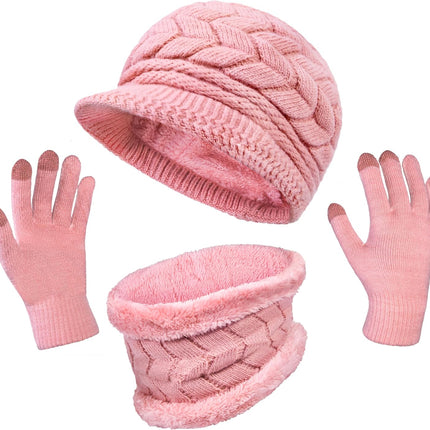 3 in 1 Womens Winter Hat Gloves Scarf Set, Warm Hat Mittens