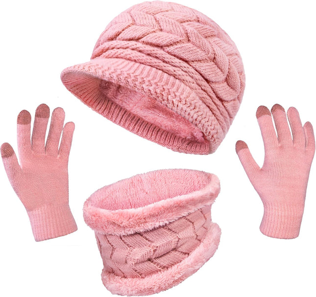 3 in 1 Womens Winter Hat Gloves Scarf Set, Warm Hat Mittens