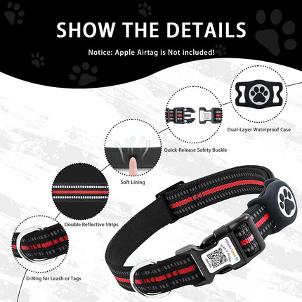 Dog Collar with Tracker Holder and QR Code ID, Waterproof Bluetooth Tracker Case, Reflective Padded Nylon for Small Medium Large Dogs