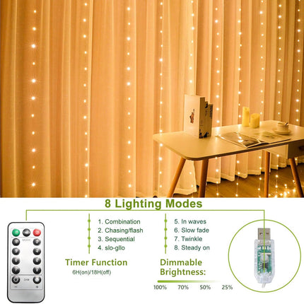 300 LED Curtain String Lights, Fairy String Lights with 8 Light Modes & Remote Controlled, 9.8X9.8Ft Indoor Outdoor String Lights for Christmas, Weddings, Party, Bedroom, Wall, Window (Warm White)
