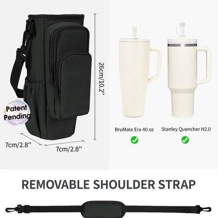 Insulated Water Bottle Carrier Bag with Strap & Handle for 30Oz 40Oz Tumbler Cup Holder Pouch with Phone Pocket & Straw Cover, Black