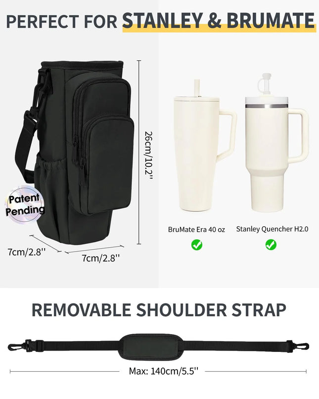 Insulated Water Bottle Carrier Bag with Strap & Handle for 30Oz 40Oz Tumbler Cup Holder Pouch with Phone Pocket & Straw Cover, Black
