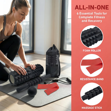6 In1 Black Foam Roller Set with Massage Roller, Massage Ball, Chest Expander,And Resistance Band