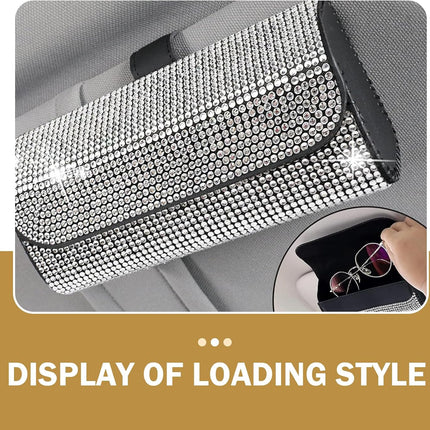 Bling Sunglasses Holder for Car Sun Visor, Rhinestone Auto Eyeglasses Mount Clip Organizer, Leather Sunvisor Sunglasses Storage Case, Universal Glasses Holder Clips for SUV, Sedan, Van (White)